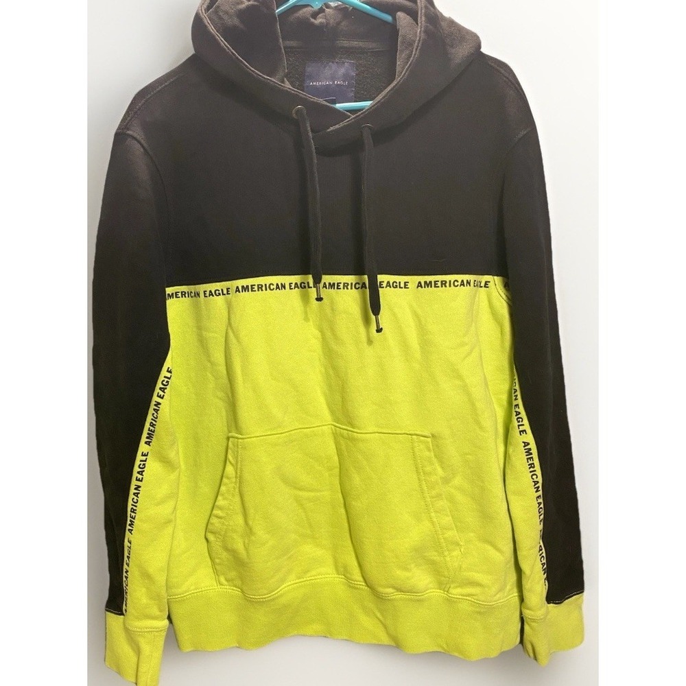 American Eagle Men's Med Pullover Hoodie Black & Neon, Athletic,‎ Work